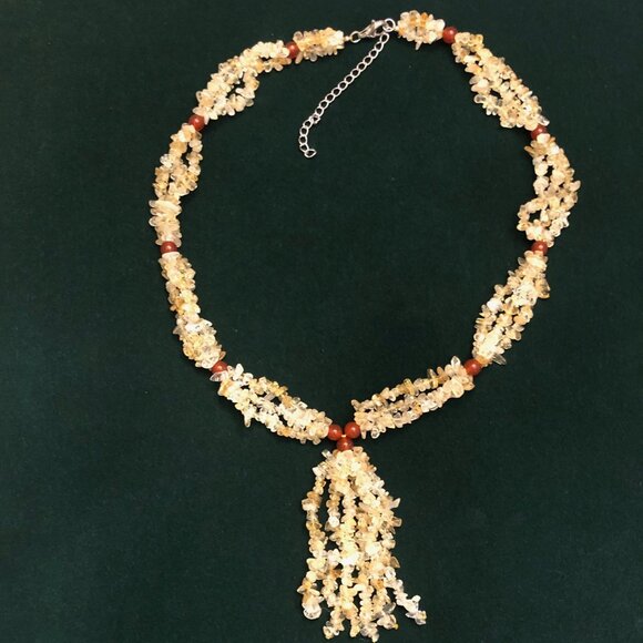 BRAZILIAN CITRINE CHIP, 8MM ROUND RED AGATE BEAD STERLING SILVER TASSEL NECKLACE - Picture 3 of 4